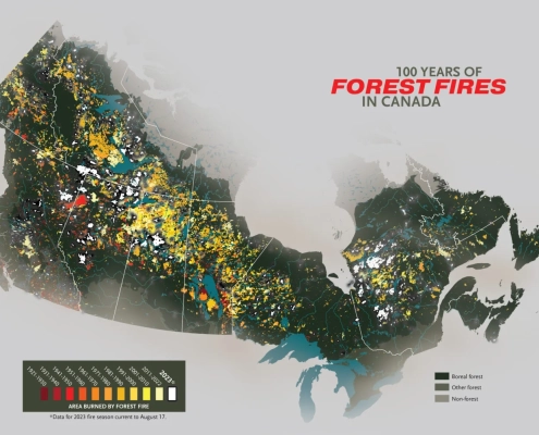 A map showing forest fire activity across Canada over the past 100 years. Scroll down to see the full graphic. (source Map: Chris Brackley/Canadian Geographic)