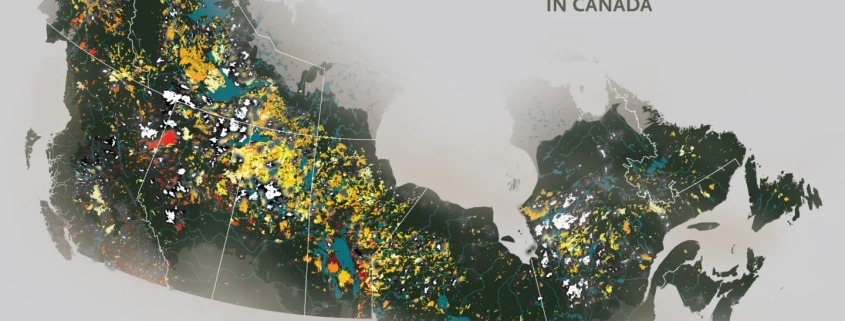 A map showing forest fire activity across Canada over the past 100 years. Scroll down to see the full graphic. (source Map: Chris Brackley/Canadian Geographic)