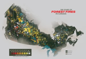 A map showing forest fire activity across Canada over the past 100 years. Scroll down to see the full graphic. (source Map: Chris Brackley/Canadian Geographic)